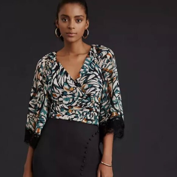 Anthropologie Flutter Sleeve Lace Wrap Top, Size S - Picture 1 of 6